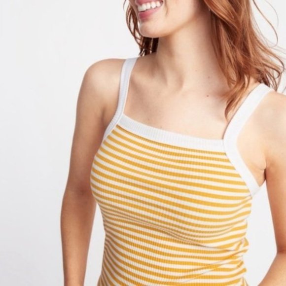Old Navy Yellow and White Striped Ribbed Wide Strap Tank Top - Picture 1 of 3